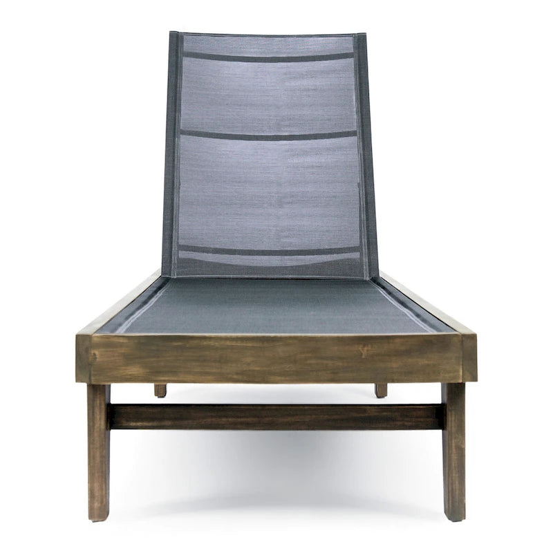 Chaise longue d'extérieur Liam, assise en maille de 198 cm, structure en bois d'acacia gris foncé