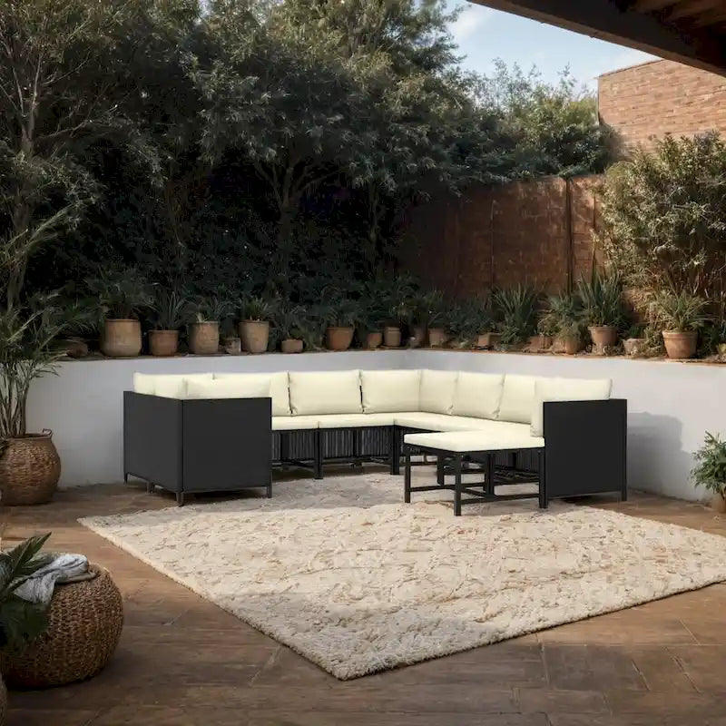 Ensemble de canapé d'extérieur modulaire Reno 9 pièces, coussins en tissu ivoire, rotin noir