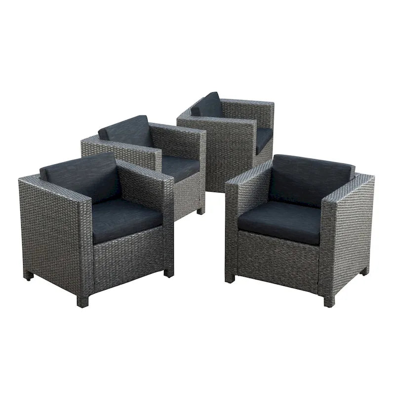 Ensemble de 4 fauteuils d'extérieur Elza, en rotin tressé, assise gris anthracite