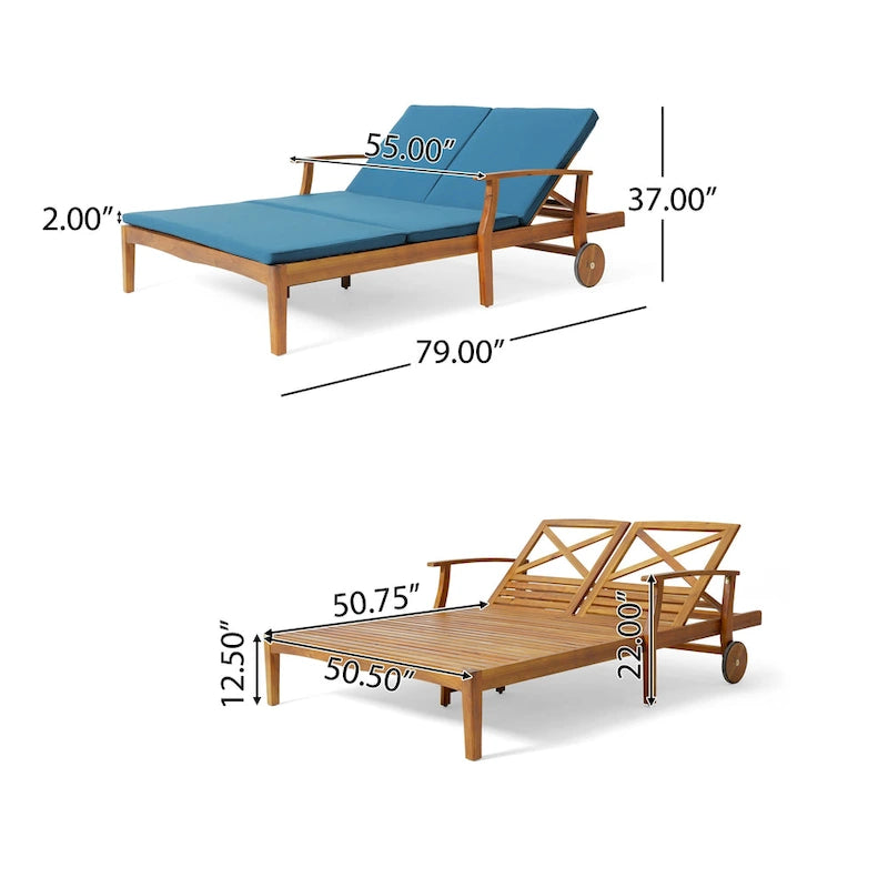 Lit-méridienne double Hoye, extérieur, 200 cm, bois d'acacia
