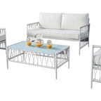 Ensemble de patio Hema 4 pièces avec 2 chaises, table et canapé, tissu blanc, métal