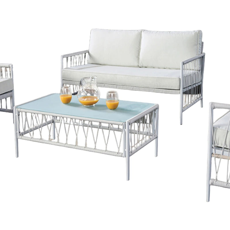 Ensemble de patio Hema 4 pièces avec 2 chaises, table et canapé, tissu blanc, métal