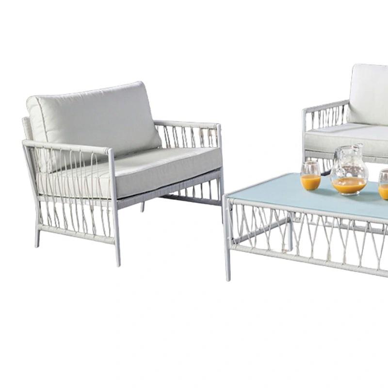 Ensemble de patio Hema 4 pièces avec 2 chaises, table et canapé, tissu blanc, métal