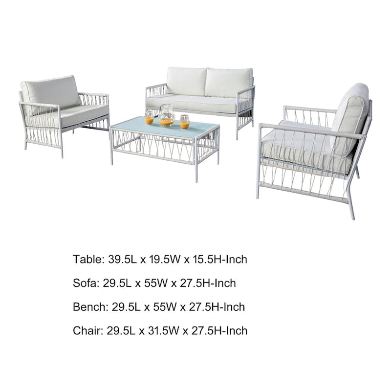 Ensemble de patio Hema 4 pièces avec 2 chaises, table et canapé, tissu blanc, métal