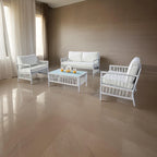 Ensemble de patio Hema 4 pièces avec 2 chaises, table et canapé, tissu blanc, métal