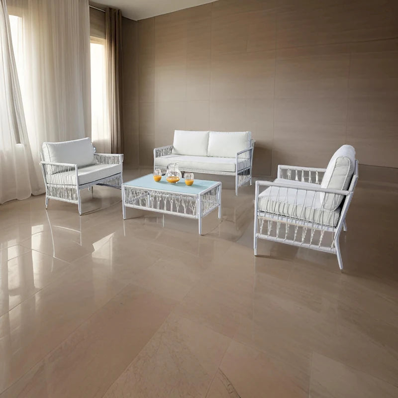 Ensemble de patio Hema 4 pièces avec 2 chaises, table et canapé, tissu blanc, métal