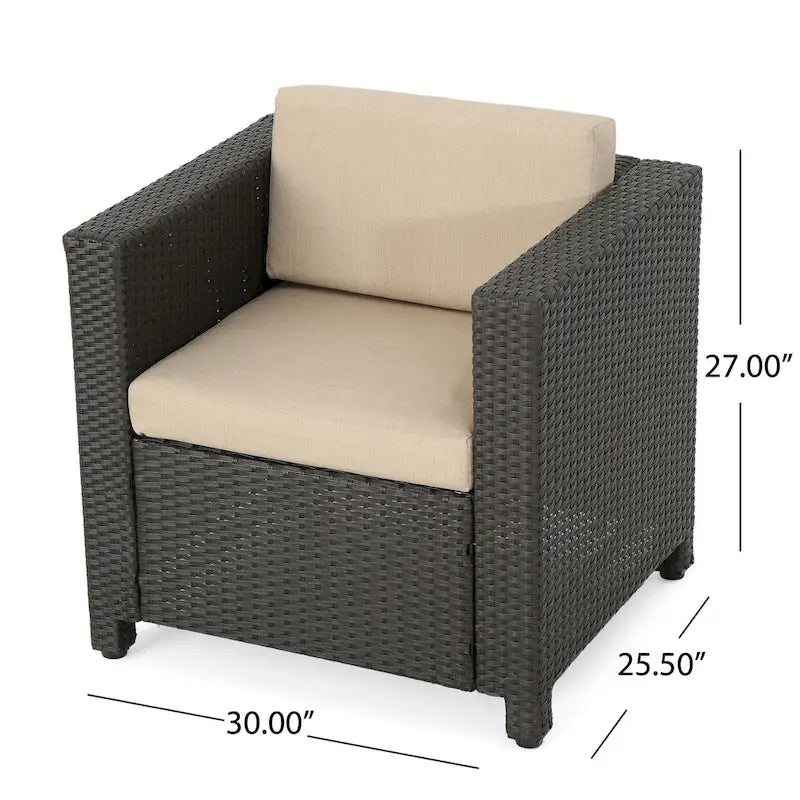 Ensemble de 4 fauteuils d'extérieur Elza, en rotin synthétique marron et beige.