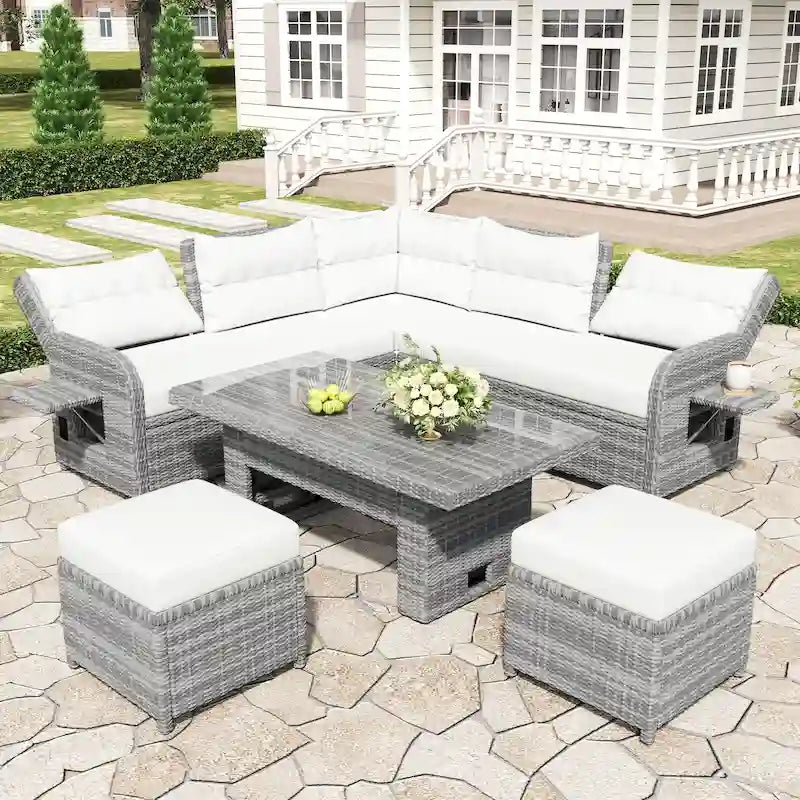 Ensemble de canapé d'angle 6 pièces pour patio, ensemble de meubles d'extérieur en rotin avec table réglable, tables d'appoint extensibles et deux poufs