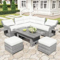 Ensemble de canapé d'angle 6 pièces pour patio, ensemble de meubles d'extérieur en rotin avec table réglable, tables d'appoint extensibles et deux poufs