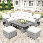 Ensemble de canapé d'angle 6 pièces pour patio, ensemble de meubles d'extérieur en rotin avec table réglable, tables d'appoint extensibles et deux poufs
