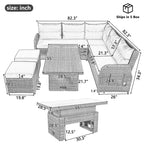 Ensemble de canapé d'angle 6 pièces pour patio, ensemble de meubles d'extérieur en rotin avec table réglable, tables d'appoint extensibles et deux poufs