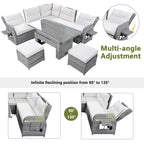 Ensemble de canapé d'angle 6 pièces pour patio, ensemble de meubles d'extérieur en rotin avec table réglable, tables d'appoint extensibles et deux poufs