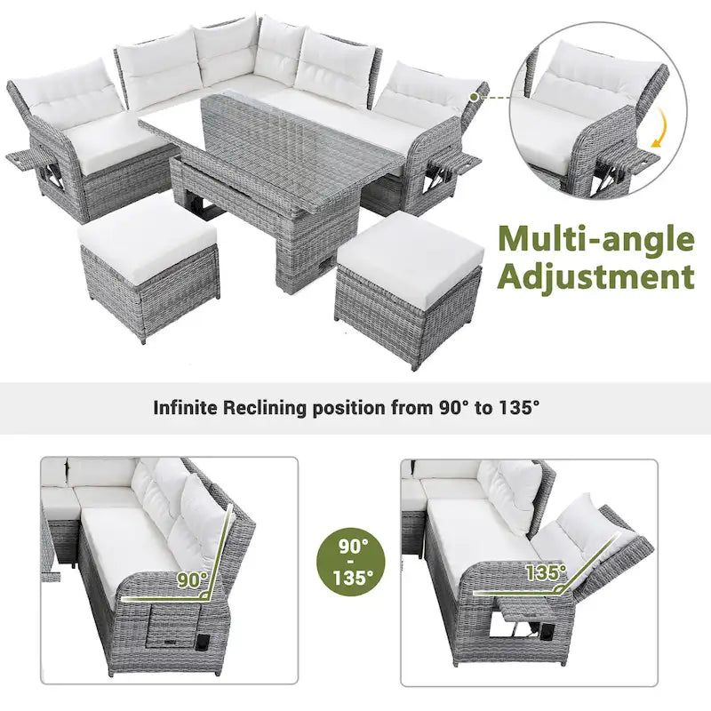 Ensemble de canapé d'angle 6 pièces pour patio, ensemble de meubles d'extérieur en rotin avec table réglable, tables d'appoint extensibles et deux poufs