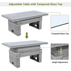 Ensemble de canapé d'angle 6 pièces pour patio, ensemble de meubles d'extérieur en rotin avec table réglable, tables d'appoint extensibles et deux poufs