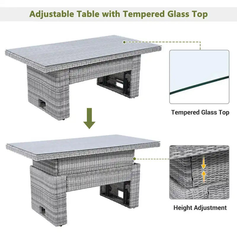 Ensemble de canapé d'angle 6 pièces pour patio, ensemble de meubles d'extérieur en rotin avec table réglable, tables d'appoint extensibles et deux poufs