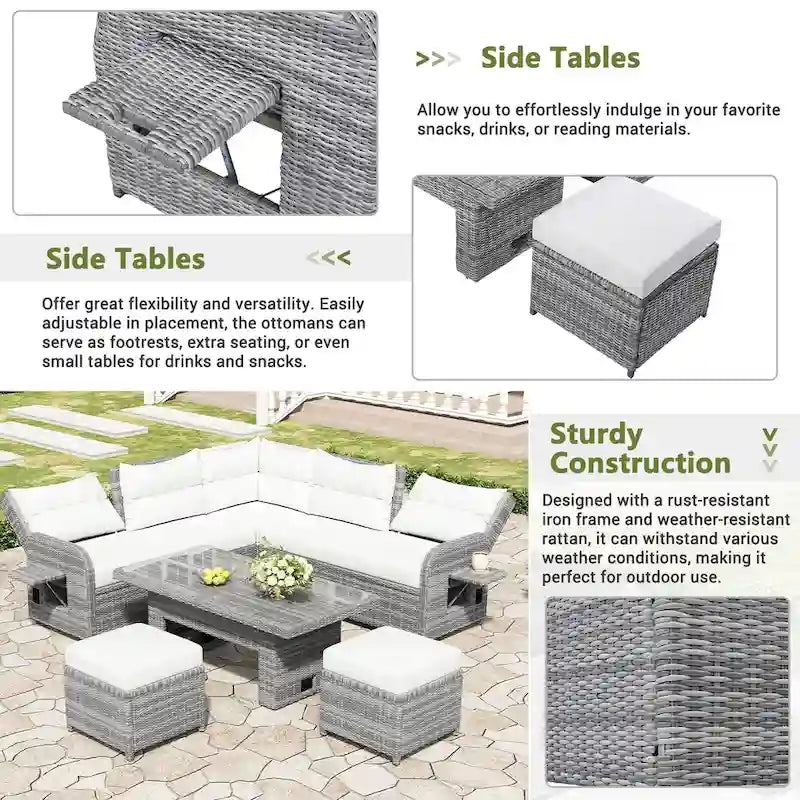 Ensemble de canapé d'angle 6 pièces pour patio, ensemble de meubles d'extérieur en rotin avec table réglable, tables d'appoint extensibles et deux poufs