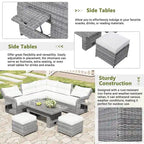 Ensemble de canapé d'angle 6 pièces pour patio, ensemble de meubles d'extérieur en rotin avec table réglable, tables d'appoint extensibles et deux poufs