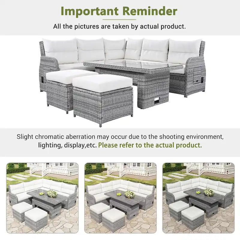 Ensemble de canapé d'angle 6 pièces pour patio, ensemble de meubles d'extérieur en rotin avec table réglable, tables d'appoint extensibles et deux poufs