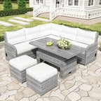 Ensemble de canapé d'angle 6 pièces pour patio, ensemble de meubles d'extérieur en rotin avec table réglable, tables d'appoint extensibles et deux poufs