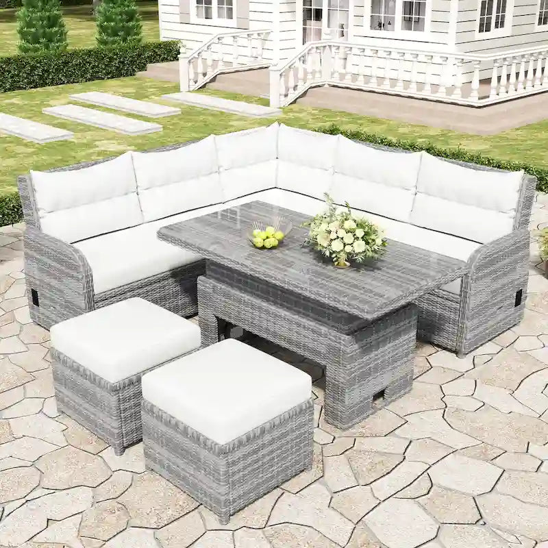 Ensemble de canapé d'angle 6 pièces pour patio, ensemble de meubles d'extérieur en rotin avec table réglable, tables d'appoint extensibles et deux poufs