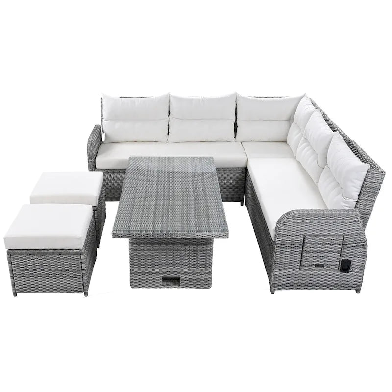 Ensemble de canapé d'angle 6 pièces pour patio, ensemble de meubles d'extérieur en rotin avec table réglable, tables d'appoint extensibles et deux poufs