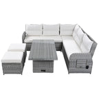 Ensemble de canapé d'angle 6 pièces pour patio, ensemble de meubles d'extérieur en rotin avec table réglable, tables d'appoint extensibles et deux poufs