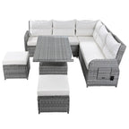 Ensemble de canapé d'angle 6 pièces pour patio, ensemble de meubles d'extérieur en rotin avec table réglable, tables d'appoint extensibles et deux poufs