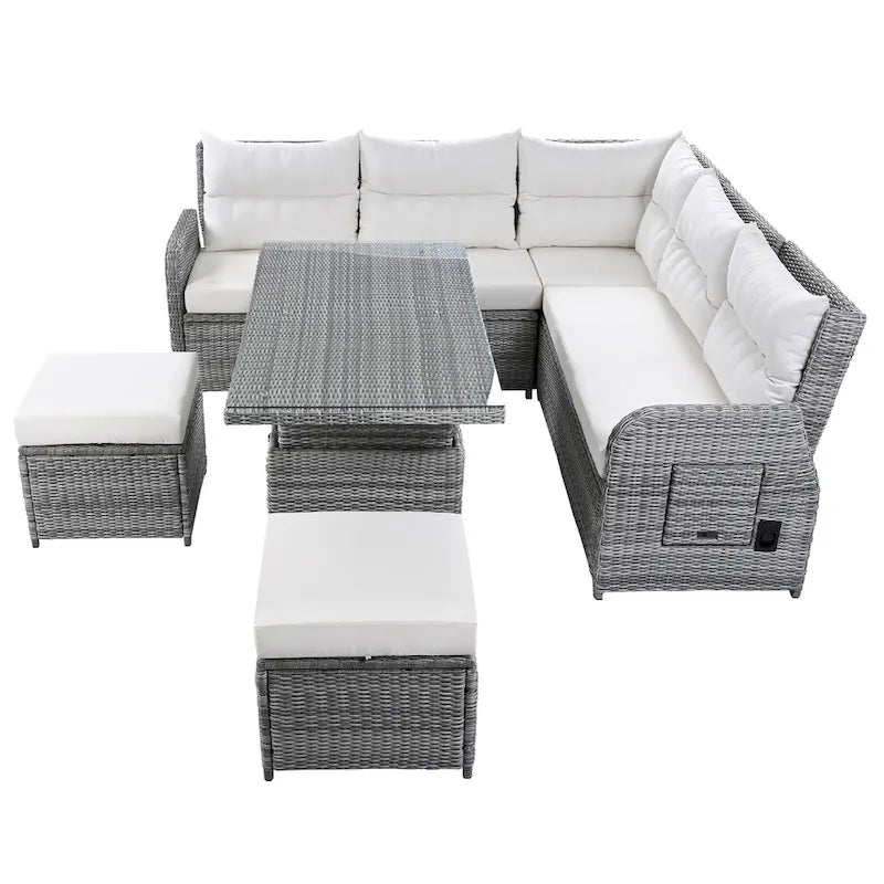 Ensemble de canapé d'angle 6 pièces pour patio, ensemble de meubles d'extérieur en rotin avec table réglable, tables d'appoint extensibles et deux poufs