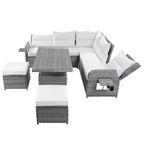 Ensemble de canapé d'angle 6 pièces pour patio, ensemble de meubles d'extérieur en rotin avec table réglable, tables d'appoint extensibles et deux poufs