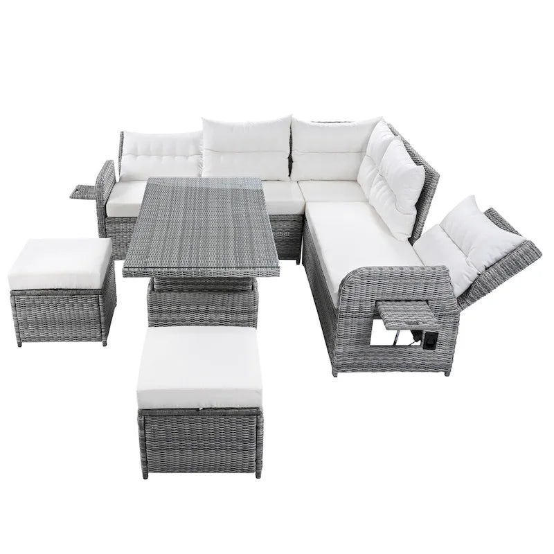 Ensemble de canapé d'angle 6 pièces pour patio, ensemble de meubles d'extérieur en rotin avec table réglable, tables d'appoint extensibles et deux poufs