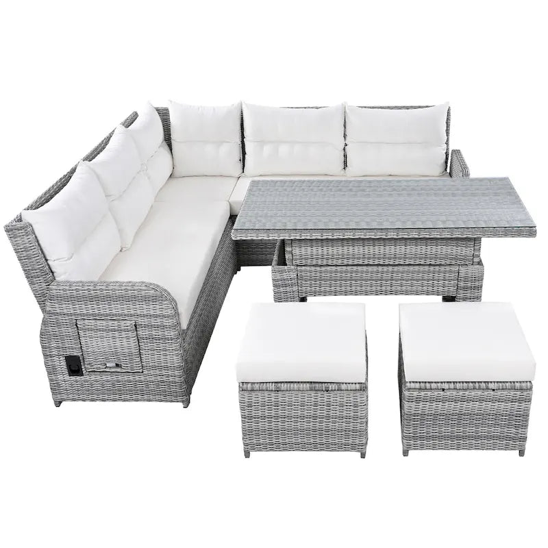 Ensemble de canapé d'angle 6 pièces pour patio, ensemble de meubles d'extérieur en rotin avec table réglable, tables d'appoint extensibles et deux poufs