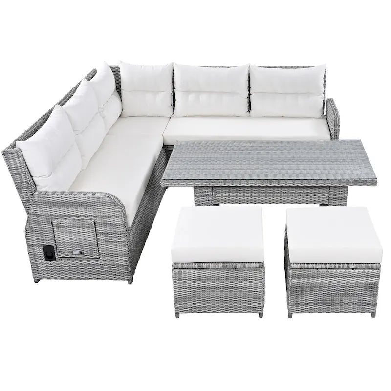 Ensemble de canapé d'angle 6 pièces pour patio, ensemble de meubles d'extérieur en rotin avec table réglable, tables d'appoint extensibles et deux poufs