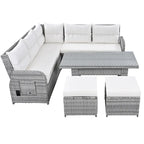 Ensemble de canapé d'angle 6 pièces pour patio, ensemble de meubles d'extérieur en rotin avec table réglable, tables d'appoint extensibles et deux poufs