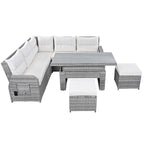 Ensemble de canapé d'angle 6 pièces pour patio, ensemble de meubles d'extérieur en rotin avec table réglable, tables d'appoint extensibles et deux poufs