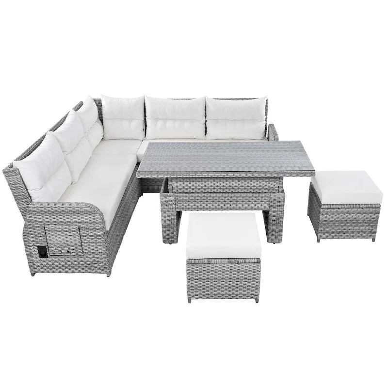 Ensemble de canapé d'angle 6 pièces pour patio, ensemble de meubles d'extérieur en rotin avec table réglable, tables d'appoint extensibles et deux poufs