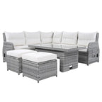 Ensemble de canapé d'angle 6 pièces pour patio, ensemble de meubles d'extérieur en rotin avec table réglable, tables d'appoint extensibles et deux poufs