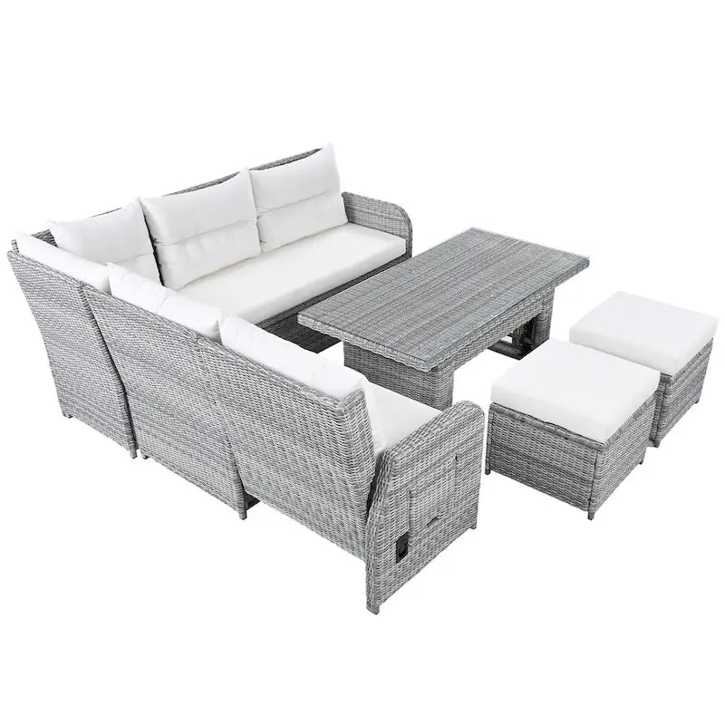 Ensemble de canapé d'angle 6 pièces pour patio, ensemble de meubles d'extérieur en rotin avec table réglable, tables d'appoint extensibles et deux poufs