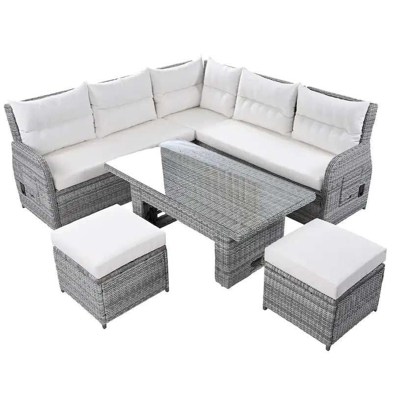 Ensemble de canapé d'angle 6 pièces pour patio, ensemble de meubles d'extérieur en rotin avec table réglable, tables d'appoint extensibles et deux poufs