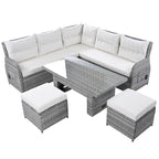 Ensemble de canapé d'angle 6 pièces pour patio, ensemble de meubles d'extérieur en rotin avec table réglable, tables d'appoint extensibles et deux poufs