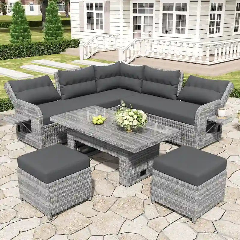 Ensemble de canapé d'angle 6 pièces pour patio, ensemble de meubles d'extérieur en rotin avec table réglable, tables d'appoint extensibles et deux poufs