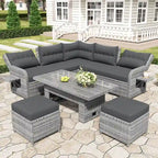 Ensemble de canapé d'angle 6 pièces pour patio, ensemble de meubles d'extérieur en rotin avec table réglable, tables d'appoint extensibles et deux poufs