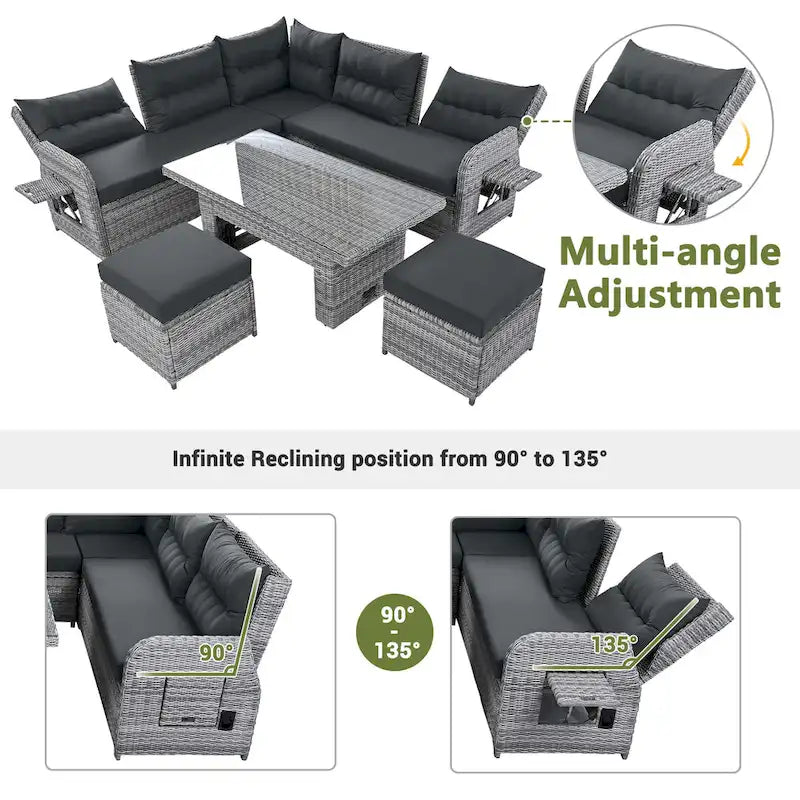 Ensemble de canapé d'angle 6 pièces pour patio, ensemble de meubles d'extérieur en rotin avec table réglable, tables d'appoint extensibles et deux poufs
