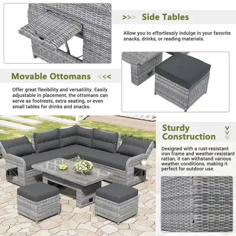 Ensemble de canapé d'angle 6 pièces pour patio, ensemble de meubles d'extérieur en rotin avec table réglable, tables d'appoint extensibles et deux poufs