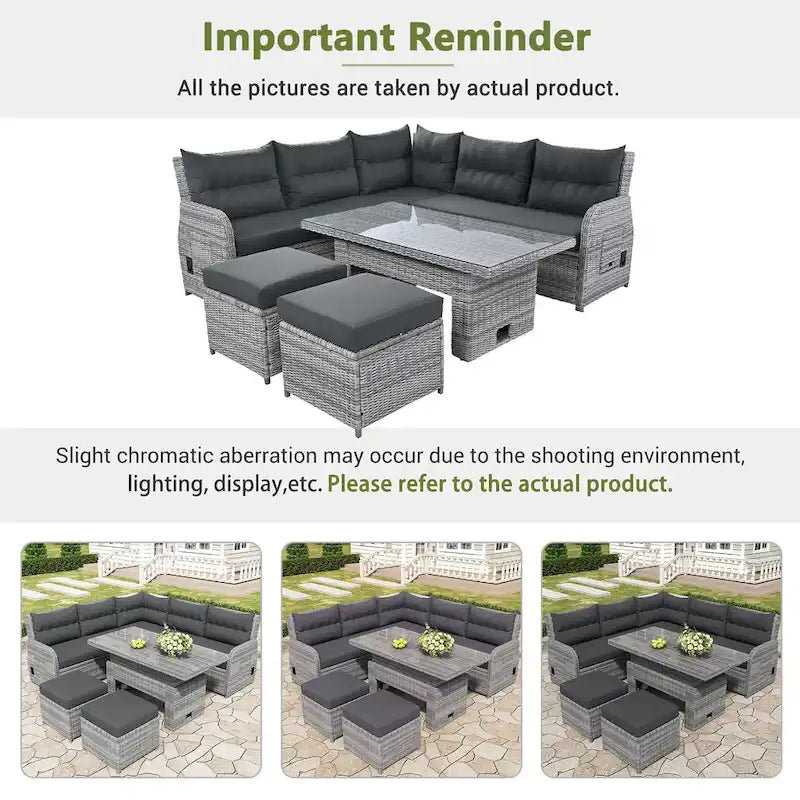 Ensemble de canapé d'angle 6 pièces pour patio, ensemble de meubles d'extérieur en rotin avec table réglable, tables d'appoint extensibles et deux poufs