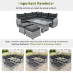 Ensemble de canapé d'angle 6 pièces pour patio, ensemble de meubles d'extérieur en rotin avec table réglable, tables d'appoint extensibles et deux poufs