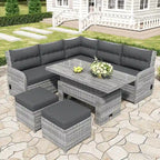 Ensemble de canapé d'angle 6 pièces pour patio, ensemble de meubles d'extérieur en rotin avec table réglable, tables d'appoint extensibles et deux poufs