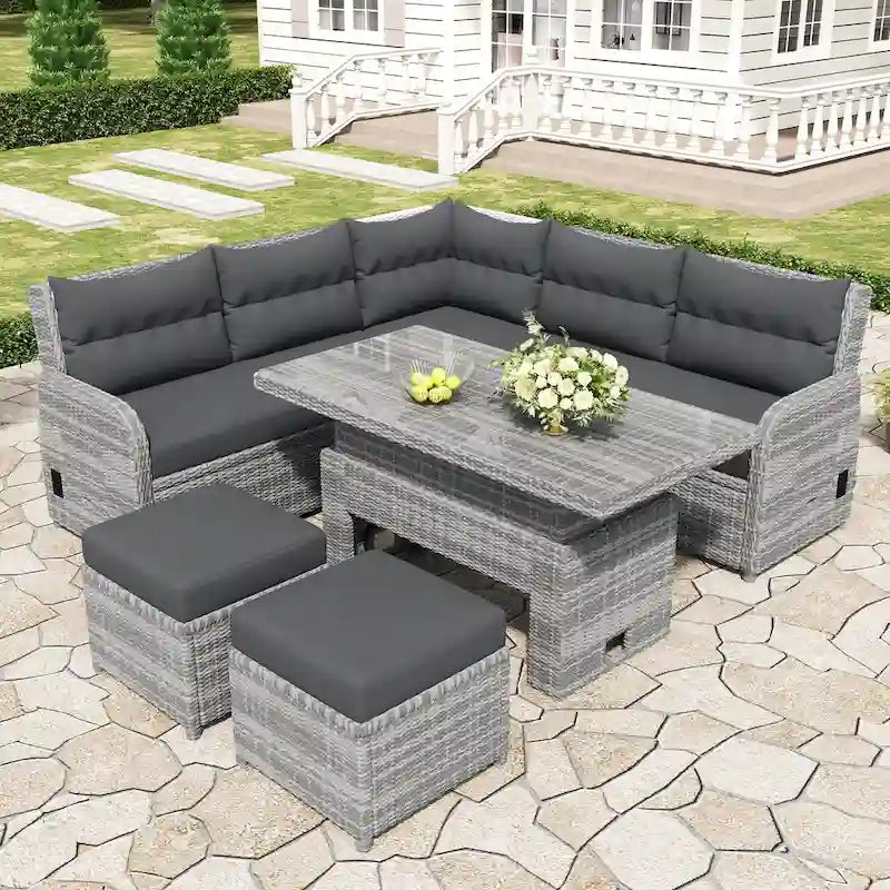 Ensemble de canapé d'angle 6 pièces pour patio, ensemble de meubles d'extérieur en rotin avec table réglable, tables d'appoint extensibles et deux poufs