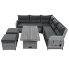 Ensemble de canapé d'angle 6 pièces pour patio, ensemble de meubles d'extérieur en rotin avec table réglable, tables d'appoint extensibles et deux poufs