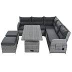 Ensemble de canapé d'angle 6 pièces pour patio, ensemble de meubles d'extérieur en rotin avec table réglable, tables d'appoint extensibles et deux poufs
