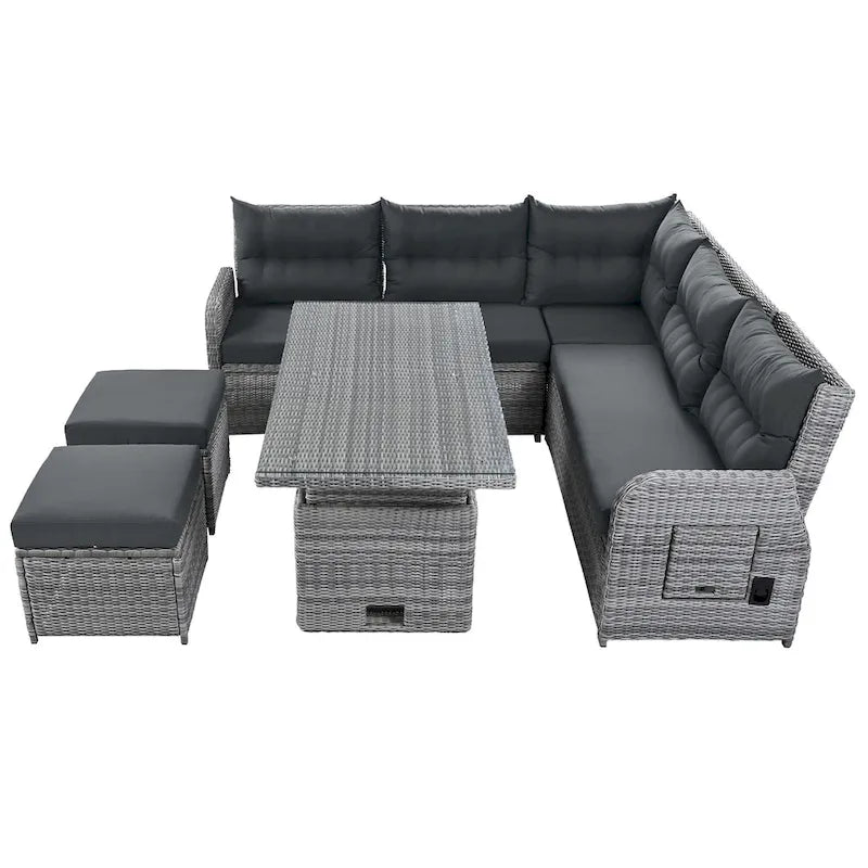 Ensemble de canapé d'angle 6 pièces pour patio, ensemble de meubles d'extérieur en rotin avec table réglable, tables d'appoint extensibles et deux poufs